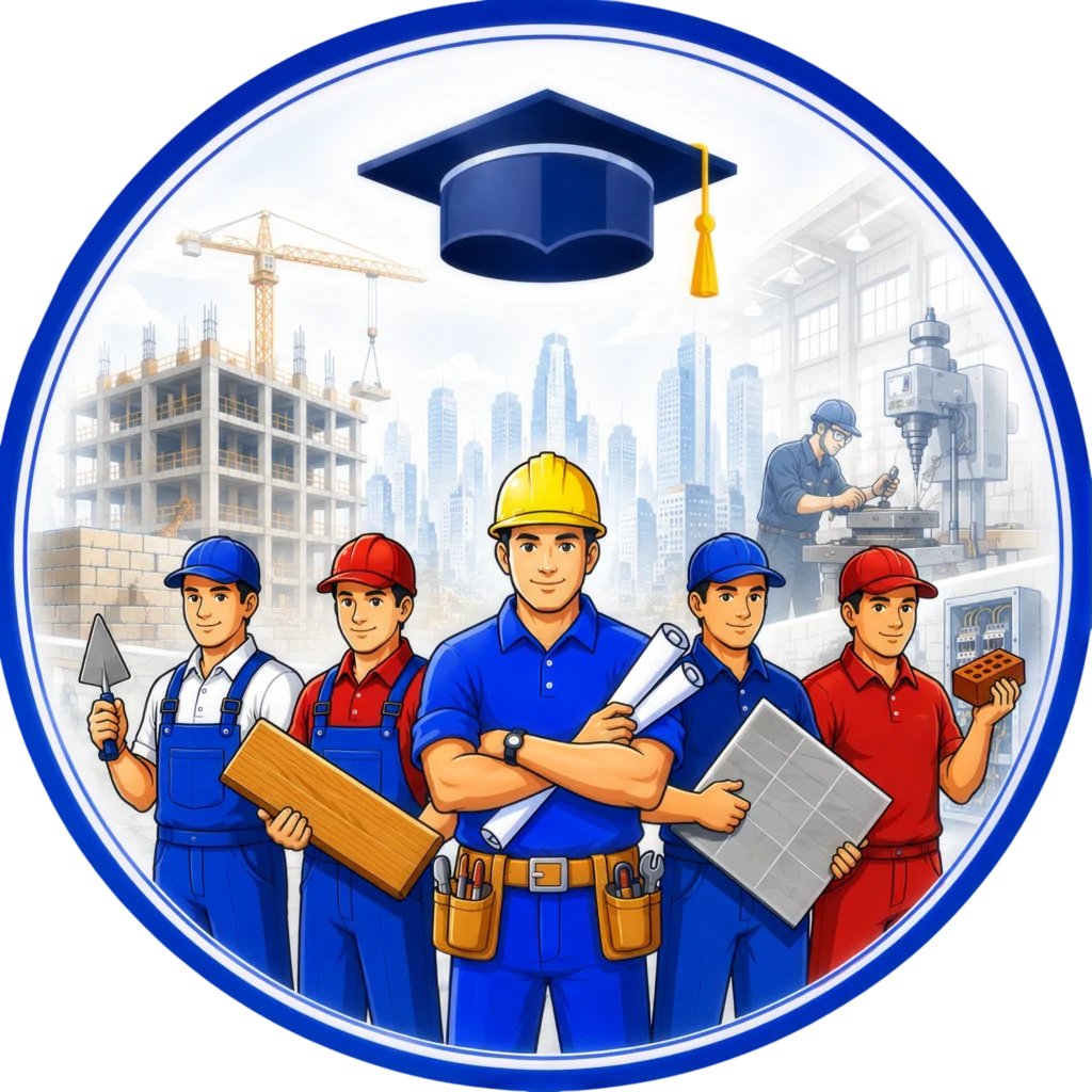 Illustration of construction workers with tools and building materials beneath a graduation cap